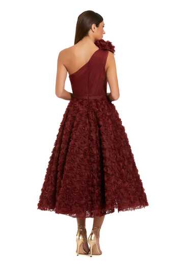 Shop_Mac Duggal_Red Polyester Fabric Flowers One Shoulder 3d Floral Embellished Dress _at_Aza_Fashions