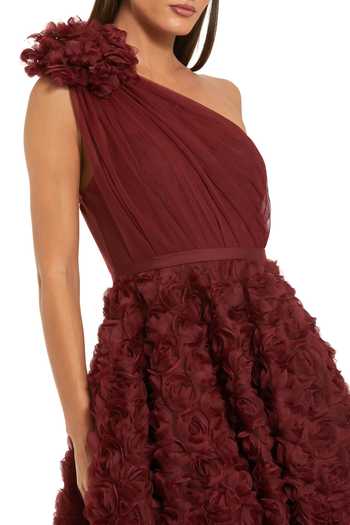 Mac Duggal_Red Polyester Fabric Flowers One Shoulder 3d Floral Embellished Dress _Online_at_Aza_Fashions