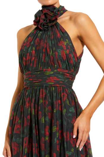 Mac Duggal_Black Chiffon Fabric Flowers Halter , High Floral Print Gown _Online_at_Aza_Fashions