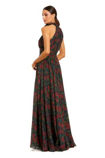 Shop_Mac Duggal_Black Chiffon Fabric Flowers Halter , High Floral Print Gown _at_Aza_Fashions