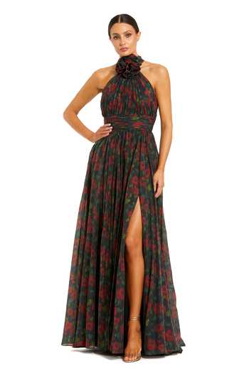Buy_Mac Duggal_Black Chiffon Fabric Flowers Halter , High Floral Print Gown _at_Aza_Fashions