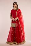 Buy_saina kapoor_Red Chanderi, Organza Zari, Gota Patti Round Neck Embroidered Kurta Set  _at_Aza_Fashions