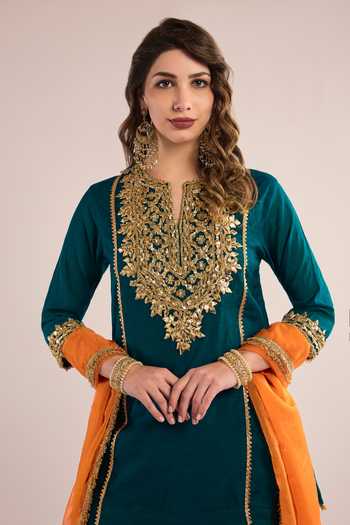 Shop_saina kapoor_Gold Chanderi, Organza Gota Patti Split V-neck And Kurta Set With Dupatta _Online_at_Aza_Fashions