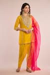Buy_saina kapoor_Yellow Chanderi, Organza Gota Patti Split V-neck Embroidered Yoke Kurta Set _Online_at_Aza_Fashions