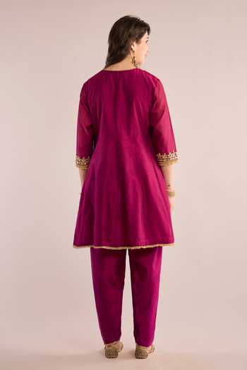 Shop_saina kapoor_Purple Chanderi, Organza Gota Patti Round Neck Embroidered Yoke Anarkali Set _at_Aza_Fashions