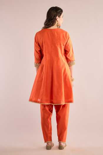 Shop_saina kapoor_Orange Organza, Chanderi Gota Patti Round Short Anarkali And Set With Dupatta _at_Aza_Fashions