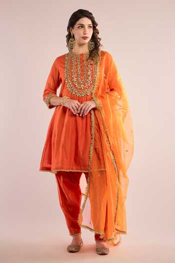 Buy_saina kapoor_Orange Organza, Chanderi Gota Patti Round Short Anarkali And Set With Dupatta _at_Aza_Fashions