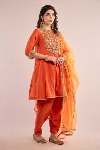 Buy_saina kapoor_Orange Organza, Chanderi Gota Patti Round Short Anarkali And Set With Dupatta _Online_at_Aza_Fashions