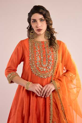 Shop_saina kapoor_Orange Organza, Chanderi Gota Patti Round Short Anarkali And Set With Dupatta _Online_at_Aza_Fashions