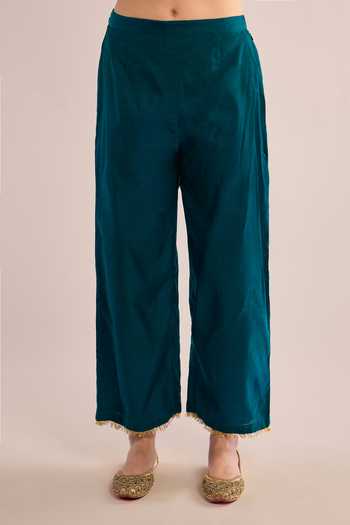saina kapoor_Teal Chanderi, Organza Gota Patti Round Neck Embroidered And Kurta Set _Online_at_Aza_Fashions