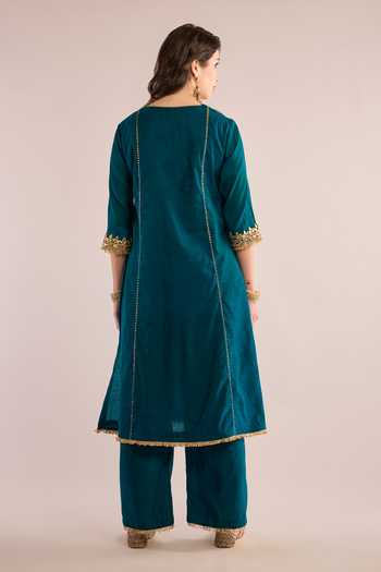 Shop_saina kapoor_Teal Chanderi, Organza Gota Patti Round Neck Embroidered And Kurta Set _at_Aza_Fashions