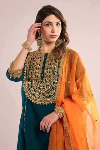 Buy_saina kapoor_Teal Chanderi, Organza Gota Patti Round Neck Embroidered And Kurta Set _Online_at_Aza_Fashions