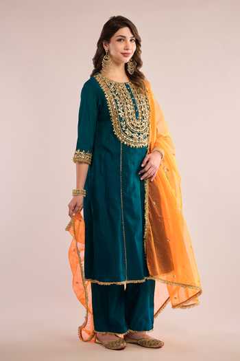 Shop_saina kapoor_Teal Chanderi, Organza Gota Patti Round Neck Embroidered And Kurta Set _Online_at_Aza_Fashions