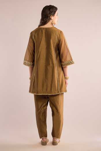 Shop_saina kapoor_Gold Organza, Chanderi Gota Patti Round Neck Short And Set _at_Aza_Fashions