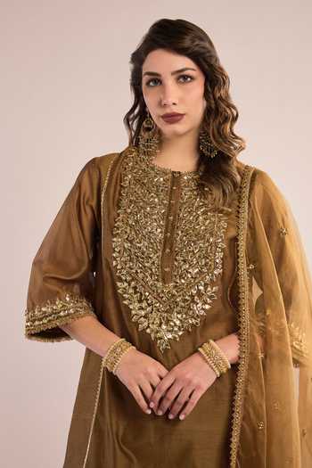 Buy_saina kapoor_Gold Organza, Chanderi Gota Patti Round Neck Short And Set _Online_at_Aza_Fashions