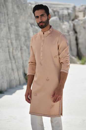 Amrit Dawani_Rose Gold Modal, Silk Embroidery, Beads Amber Dawn Kurta Set _at_Aza_Fashions