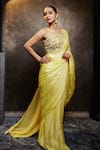 Buy_Dajwaree_Yellow Georgette, Satin, Net Embroidery, Aurelia Pre-draped Saree With Blouse _Online_at_Aza_Fashions