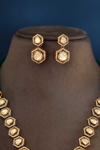 Shop_Mero Jewellery_Gold Plated Stones, Floral Cutwork Necklace Set _at_Aza_Fashions