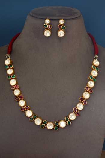 Buy_Mero Jewellery_Green Stones Geometric Cutwork Necklace Set _at_Aza_Fashions
