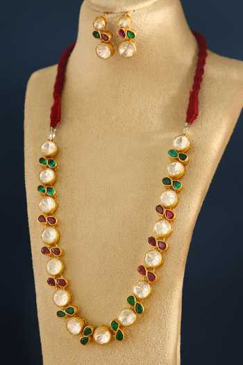 Shop_Mero Jewellery_Green Stones Geometric Cutwork Necklace Set _at_Aza_Fashions