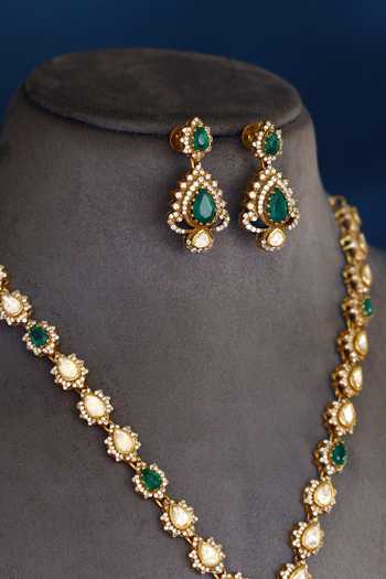 Shop_Mero Jewellery_Green Stones Floral Pendant Necklace Set _at_Aza_Fashions
