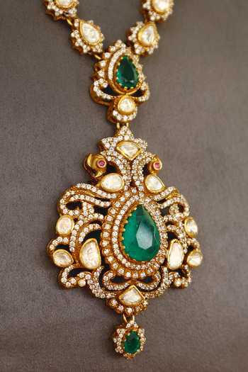 Mero Jewellery_Green Stones Floral Pendant Necklace Set _Online_at_Aza_Fashions
