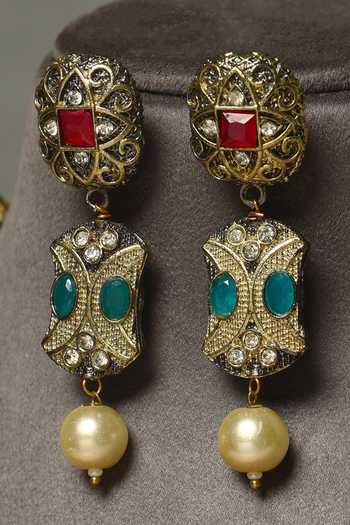 Mero Jewellery_Multi Color Beads, Pearls, Stones Kundan Silver Necklace And Earrings Set _Online_at_Aza_Fashions