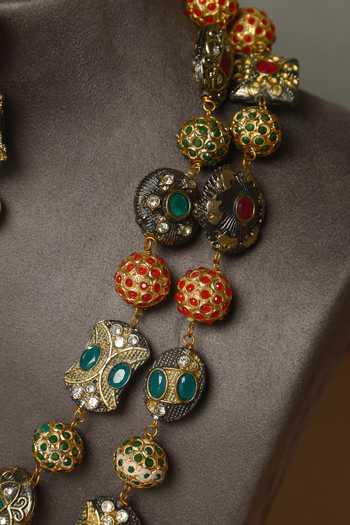 Buy_Mero Jewellery_Multi Color Beads, Pearls, Stones Kundan Silver Necklace And Earrings Set _Online_at_Aza_Fashions