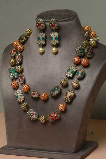 Shop_Mero Jewellery_Multi Color Beads, Pearls, Stones Kundan Silver Necklace And Earrings Set _at_Aza_Fashions