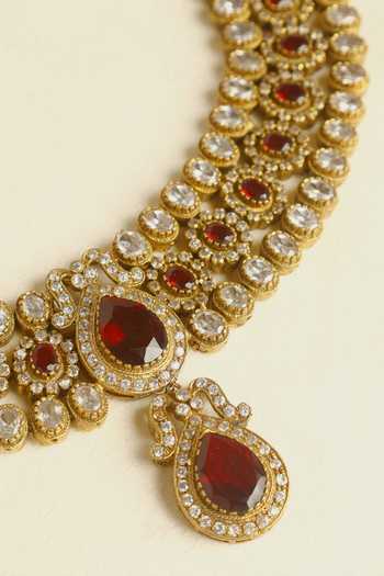Mero Jewellery_Gold Plated Stones Handcrafted Necklace And Earrings Set _Online_at_Aza_Fashions