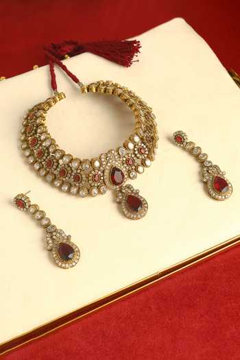 Shop_Mero Jewellery_Gold Plated Stones Handcrafted Necklace And Earrings Set _at_Aza_Fashions