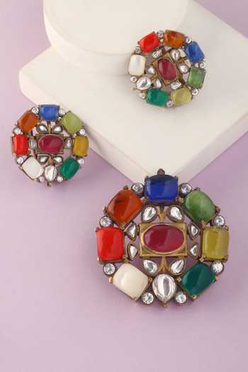Buy_Mero Jewellery_Gold Plated Stones, Crystals Floral Carved Pendant And Earrings Set _at_Aza_Fashions