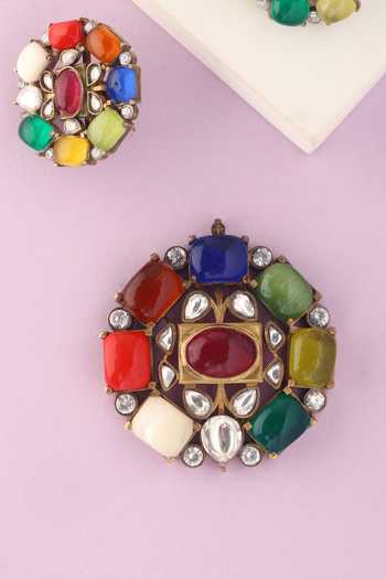 Shop_Mero Jewellery_Gold Plated Stones, Crystals Floral Carved Pendant And Earrings Set _at_Aza_Fashions
