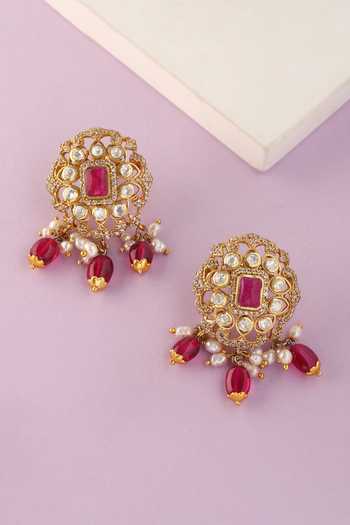 Shop_Mero Jewellery_Gold Plated Beads, Pearls, Stones, Geometric Carved Pendant And Earrings Set _at_Aza_Fashions