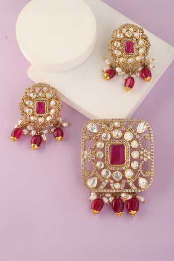 Buy_Mero Jewellery_Gold Plated Beads, Pearls, Stones, Geometric Carved Pendant And Earrings Set _at_Aza_Fashions