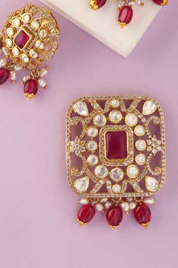 Mero Jewellery_Gold Plated Beads, Pearls, Stones, Geometric Carved Pendant And Earrings Set _Online_at_Aza_Fashions