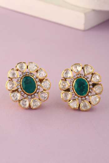 Shop_Mero Jewellery_Green Stones, Crystals Handcrafted Pendant And Earrings Set  _at_Aza_Fashions