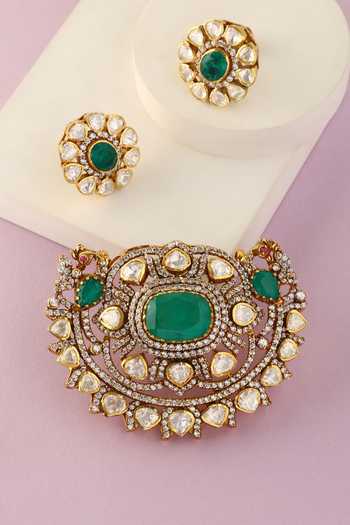 Buy_Mero Jewellery_Green Stones, Crystals Handcrafted Pendant And Earrings Set  _at_Aza_Fashions