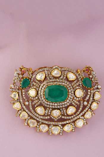 Mero Jewellery_Green Stones, Crystals Handcrafted Pendant And Earrings Set  _Online_at_Aza_Fashions