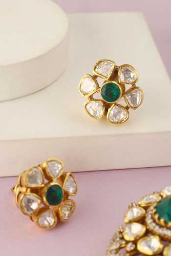 Shop_Mero Jewellery_Green Stones, Crystals Floral Handcrafted Pendant And Earrings Set _at_Aza_Fashions