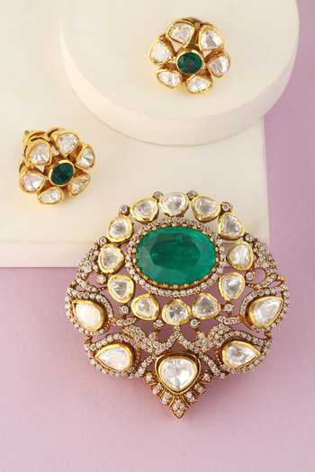Buy_Mero Jewellery_Green Stones, Crystals Floral Handcrafted Pendant And Earrings Set _at_Aza_Fashions