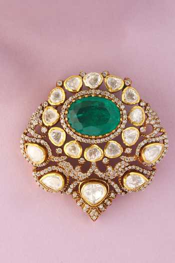 Mero Jewellery_Green Stones, Crystals Floral Handcrafted Pendant And Earrings Set _Online_at_Aza_Fashions