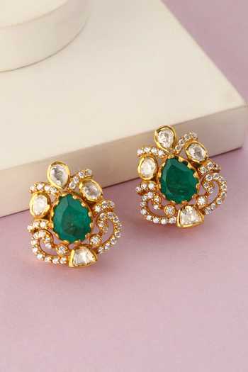 Mero Jewellery_Green Stones, Crystals Handmade Carved Pendant And Earrings Set _Online_at_Aza_Fashions