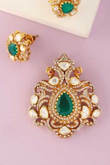 Shop_Mero Jewellery_Green Stones, Crystals Handmade Carved Pendant And Earrings Set _at_Aza_Fashions