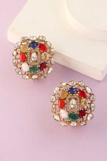 Shop_Mero Jewellery_Gold Plated Stones, Crystals Handcrafted Pendant And Earrings Set _at_Aza_Fashions