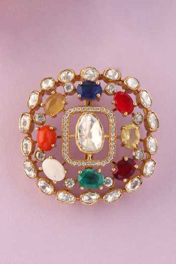 Mero Jewellery_Gold Plated Stones, Crystals Handcrafted Pendant And Earrings Set _Online_at_Aza_Fashions