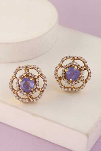 Shop_Mero Jewellery_Gold Plated Stones, Crystals Floral Carved Pendant And Earrings Set _at_Aza_Fashions