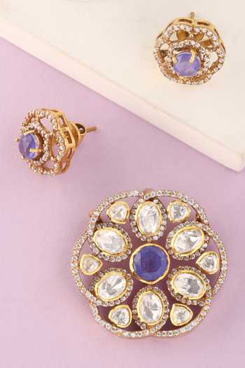 Buy_Mero Jewellery_Gold Plated Stones, Crystals Floral Carved Pendant And Earrings Set _at_Aza_Fashions