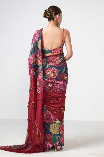 Shop_Rishi and Vibhuti_Red Organza, Crepe Sequins, Beads, Mirrors, Tassels Cola Corbett Printed Saree _at_Aza_Fashions