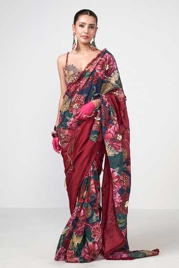 Rishi and Vibhuti_Red Organza, Crepe Sequins, Beads, Mirrors, Tassels Cola Corbett Printed Saree _Online_at_Aza_Fashions